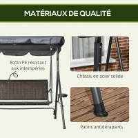 Outsunny Balancelle de jardin 3 places toit inclinaison réglable avec porte-gobelets et plateaux assise dossier ergonomique(m-6)