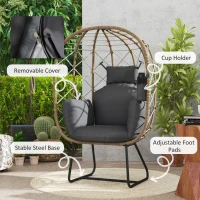 Outsunny Rattan Egg Chair Outdoor Indoor Wicker Chair with Thickened Cushion and Headrest, Standing Garden Egg Chair with Cup Holder, Metal Frame for Patio, Balcony, Brown(m-7)