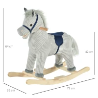 HOMCOM Caballito Balancín Infantil para Niños de +3 Años Caballo Mecedora de Felpa con Sonidos de Relincho y Galope Base de Madera Carga 45 Kg 73x35x64 cm Azul y Rayas Gris(m-3)