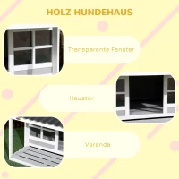 PawHut Hundehütte mit Veranda, wetterbeständig, behandeltes Tannenholz, 3 Fenster, Hellgrau + Weiß(m-5)