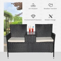 Outsunny Gartenbank Polyrattan 2-Sitzer UV-beständig Sitzbank mit Tisch Kissen Rückenlehne Gartenmöbel Parkbank bis 240kg belastbar Balkonbank für Garten Terrasse Balkon 133x63x84cm, Schwarz(m-4)