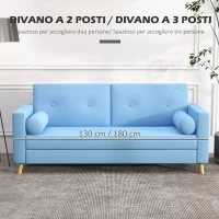 HOMCOM Divano 3 Posti in Tessuto con 2 Cuscini a Cilindro, 180x81x83cm, Azzurro(m-4)