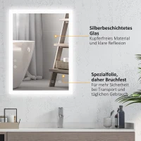 kleankin LED Badezimmerspiegel, Hintergrundbeleuchtung, Touch-Funktion, Memory-Funktion, kein Beschlagen, 80 x 60 cm(m-7)