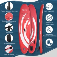 Outsunny Planche de stand up paddle gonflable, pagaie en aluminium réglable, planche antidérapante avec accessoires et sac de transport, dim. 300L x 76l x 15H cm, rouge et blanc(m-4)