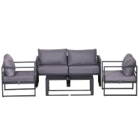 Outsunny Vierteiliges Gartenmöbel Set, Sitzgruppe, Sofa mit Sitzkissen, Tisch mit Stauraum, Polyester, Grau, 138 x 69 x 63 cm(m-10)