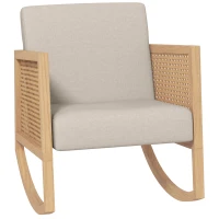 HOMCOM Fauteuil à bascule rocking chair design tissu effet lin accoudoirs cannage style bohème structure en d'hévéa gris clair(m-1)