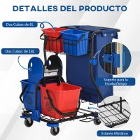 HOMCOM Carro de Limpieza con Bolsa Doble Cubo de 18 Litros Escurridor 2 Cubetas Auxiliares 93x80x97 cm Rojo y Azul(m-7)