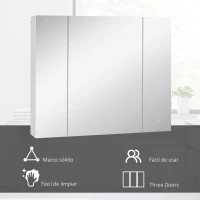 kleankin Armario de Baño con Espejo Luces LED Estantes Ajustables y USB Estilo Moderno 90x15x75 cm Blanco(m-7)