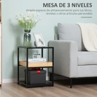 HOMCOM Mesa Auxiliar de 3 Niveles Mesita de Noche Estilo Moderno con Encimera de Cristal Estantes de Madera y de Acero para Dormitorio Salón 40x40x55 cm Negro(m-4)