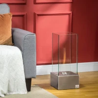 HOMCOM Chimenea de Bioetanol de Suelo 25x25x60 cm Capacidad de 0,4L Combustión de 2 Horas para Interior Plata(m-2)
