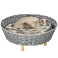 PawHut Panier pour chats surelevé canapé pour animaux en résine tressée imitation rotin lit sur pieds style cosy chic grand confort coussin moelleux lavable intégré 60 x 60 x 23,5 cm gris(m-1)
