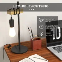 HOMCOM Tischlampe, Industrial Stil, inkl. LED, Metallrahmen, höhenverstellbar, schwarz+Holz(m-5)