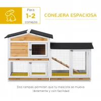 PawHut Conejera de Madera Exterior Jaula para Conejos de 2 Niveles con Techo Asfáltico 2 Corrales de Metal Bandeja Extraíble 2 Puertas y Rampa 157,4x53x93,5 cm Natural(m-5)