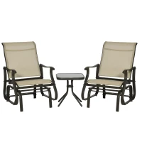 Outsunny Set of 3 Gliding Chair & Tea Table Set, Outdoor Rocker Set with 2 Armchairs, Tempered Glass Tabletop, Khaki(m-11)