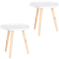 HOMCOM Coffee Table, Carved Floral Round Table with Tray-style Top and Wood Legs, Modern Side Table for Living Room, Set of 2, White(m-1)