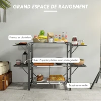 Outsunny Table de cuisine de camping pliante, acier et aluminium, sac de transport, 2 tablettes , 2 étagères et porte-gobelets(m-4)