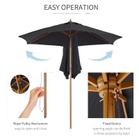 Outsunny 2.5m Wood Garden Parasol Sun Shade Patio Outdoor Wooden Umbrella Canopy Black(m-5)