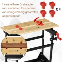 HOMCOM Werktisch Spanntisch Werkbank Werkstatt Versenkbare und klappbare Tischplatte Belastbarkeit Arbeitstisch höhenverstellbarer Tisch Metall Bambus Naturholz+Schwarz+Rot 68 x 60 x 21-78 cm(m-7)