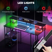 HOMCOM Birou Reversibil pentru Calculator cu Prize, Lumini LED, Suport Dublu și Rafturi Reglabile, 120x50x89,5 cm, Negru(m-5)