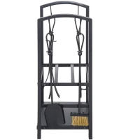 Outsunny Estante de Leña para chimenea 40x30x74,5 cm Soporte para Leña de 2 Niveles Leñero Exterior e Interior Metálico con 4 Herramientas para Chimenea Carga Máx.100 kg Negro(m-7)