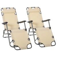 Outsunny 2 in 1 Folding Sun Lounger Reclining Garden Chair Set of 2 with 2-Level Adjustable Backrest, Outdoor Zero Gravity Recliner Garden Chairs with Head Pillow and Armrests, Beige(m-1)