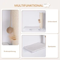 PawHut Kletterwand Katzen, Wandkratzbaum, Katzenliege mit Kratzbaum,53cm Katzenregal mit Ballspielzeug, Plüschauflage, Katzenkratzbaum, Katzensäule, Weiß(m-4)