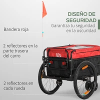 HOMCOM 2 en 1 Remolque de Bicicleta para Carga 40 kg Carro de Mano con Bandera Mango de Empuje Desmontable Marco de Acero y Reflectores 130x64x103 cm Negro y Rojo(m-5)
