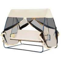 Outsunny Balancelle de Jardin Convertible 3 Places Grand Confort : Matelas Assise Dossier, moustiquaire intégrale zippée avec Toit, Pochette Rangement métal époxy Polyester Beige(m-11)