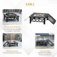 Outsunny Brasero Exterior Calentador de Fuego 76x76x47 cm Multifuncional 3 en 1 Cuadrada Nuevo Estilo Cubo de Hielo para Calefacción Barbacoa Terraza Jardín Negro(m-4)