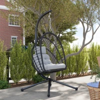 Outsunny Outdoor PE Rattan Swing Chair with Foldable Basket and Cushion, Garden Patio Hanging Egg Chair with Metal Stand, Headrest for Indoor and Outdoor, Black(m-8)