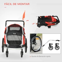 PawHut Remolque de Bicicleta para Perros Plegable 2 en 1 Carrito para Perros de Aluminio con Mango Ajustable Bandera y 6 Reflectores Carga Máxima 40 kg 150x82x98 cm Rojo(m-7)