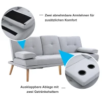 HOMCOM Schlafsofa, 3-Sitzer-Sofa, Bettsofa mit Klappbarem Tisch, Stoffsofa mit Leinenoptik, Schlafcouch mit Becherhalter, im Skandi-Design, bis 250 kg Belastbar, Hellgrau(m-5)