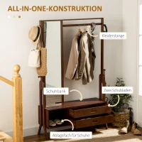 HOMCOM Garderobenständer mit 2 Schubladen, 1 Spiegel, 1 Kleiderstange, 1 Schuhbank, 113 cm x 33 cm x 169,5 cm, Bambus(m-4)