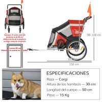 PawHut Remolque de Bicicleta para Perros Plegable 2 en 1 Carrito para Perros de Aluminio con Mango Ajustable Bandera y 6 Reflectores Carga Máxima 40 kg 150x82x98 cm Rojo(m-3)
