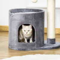PawHut Árbol Rascador para Gatos Pequeño Altura 59 cm con Cueva de Felpa Suave con Cojín Lavable Plataforma Poste de Sisal Natural y Bola de Juguete 55x36x59 cm Gris(m-9)