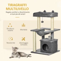 PawHut Albero Tiragraffi con Corde Sisal, Casetta e Amaca, Rivestimento Peluche e Feltro, Altezza 100cm, Grigio(m-4)