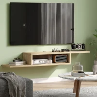 HOMCOM Meuble TV mural flottant suspendu support TV - étagère murale flottante - niche, passe-fils - chêne clair(m-7)