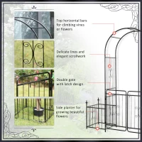 Outsunny Metal Garden Arbor Arch with Double Doors, 2 Side Planter Baskets, Climbing Vine Frame, Black(m-6)