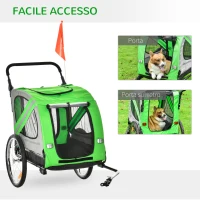 PawHut Rimorchio Bici e Passeggino per Cani 2 in 1 in Acciaio e Tessuto Oxford con Catarifrangenti, Verde(m-9)