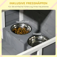 PawHut Hundehütte aus Massivholz, mit 2 Fressnäpfen, Veranda, wetterbeständig, 103 cm x 62 cm x 66 cm, Grau + Weiß(m-5)