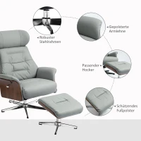 HOMCOM Relaxsessel mit Hocker, Liegefunktion, drehbar, Lederoptik, bis 150 kg, Hellgrau(m-8)