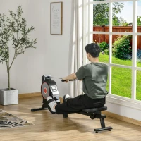 HOMCOM Vogatore Professionale per Casa con 8 Livelli di Resistenza Magnetica, Ruote e Monitor Digitale, Vogatore Pieghevole in Acciaio e ABS, 180x48x60cm, Nero e Grigio(m-2)