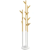 HOMCOM Appendiabiti da Terra di Design con Portaombrelli e 12 Ganci, Metallo e Bambù, 30.5x30.5x174.5cm, Legno e Bianco(m-10)