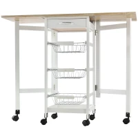 HOMCOM Küchenwagen faltbar Rollwagen Servierwagen Schublade mit 3 Körben 6 Universal-Rollen für Küchen Natur+Weiß 97,2 x 37 x 77,5 cm(m-10)