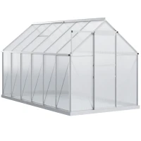 Outsunny Invernadero Policarbonato Aluminio de Jardín 190x375x199 cm 7,1m² Caseta de Exterior con Base Puerta Corredera y 2 Tragaluces para Cultivo Plantas Semillas Transparente(m-10)