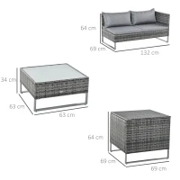 Outsunny Conjunto de 4 Muebles de Jardín de Ratán con 2 Sofás Dobles Mesa Central Mesa con Arcón Cojines Extraíbles para Terraza Exterior 132x69x64 cm Gris(m-3)