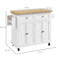HOMCOM Rolling Kitchen Island Storage Trolley with Rubber Wood Top & Drawers for Dining Room, White(m-3)