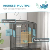 PawHut Gabbia per Uccelli in Acciaio e PP con 5 Porte, 2 Posatoi e Vassoio Estraibile, 48x46x74 cm, Grigio(m-4)