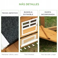 PawHut Gallinero de Madera Exterior Jaula para 2-4 Gallinas con Corral de Alambre Techos Asfálticos Nido Bandeja Extraíble y Rampa 200x80x105 cm Marrón(m-7)