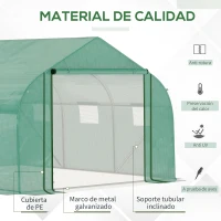 Outsunny Invernadero de Túnel 3,5x3x2 m Invernadero de Jardín con Puerta y 6 Ventanas Enrollables de Polietileno PE 140 g/m² Metal Galvanizado para Cultivos Plantas Flores Verde(m-4)
